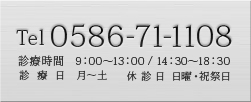 Tel：0586-71-1108【診療時間】9：00～13：00／14：30～18：30【診療日】月～土【休診日】日曜・祝祭日